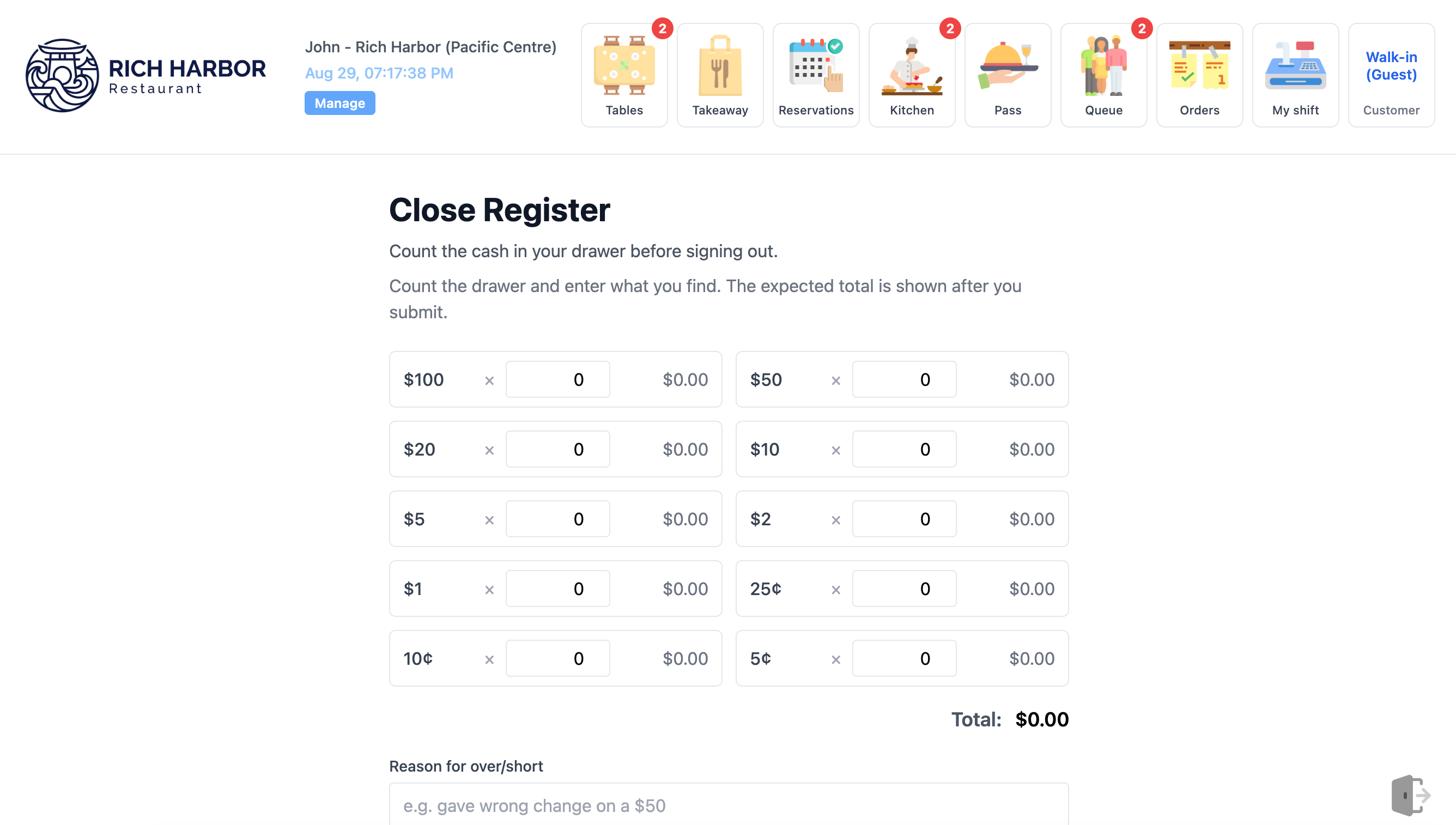 Close Register Shift